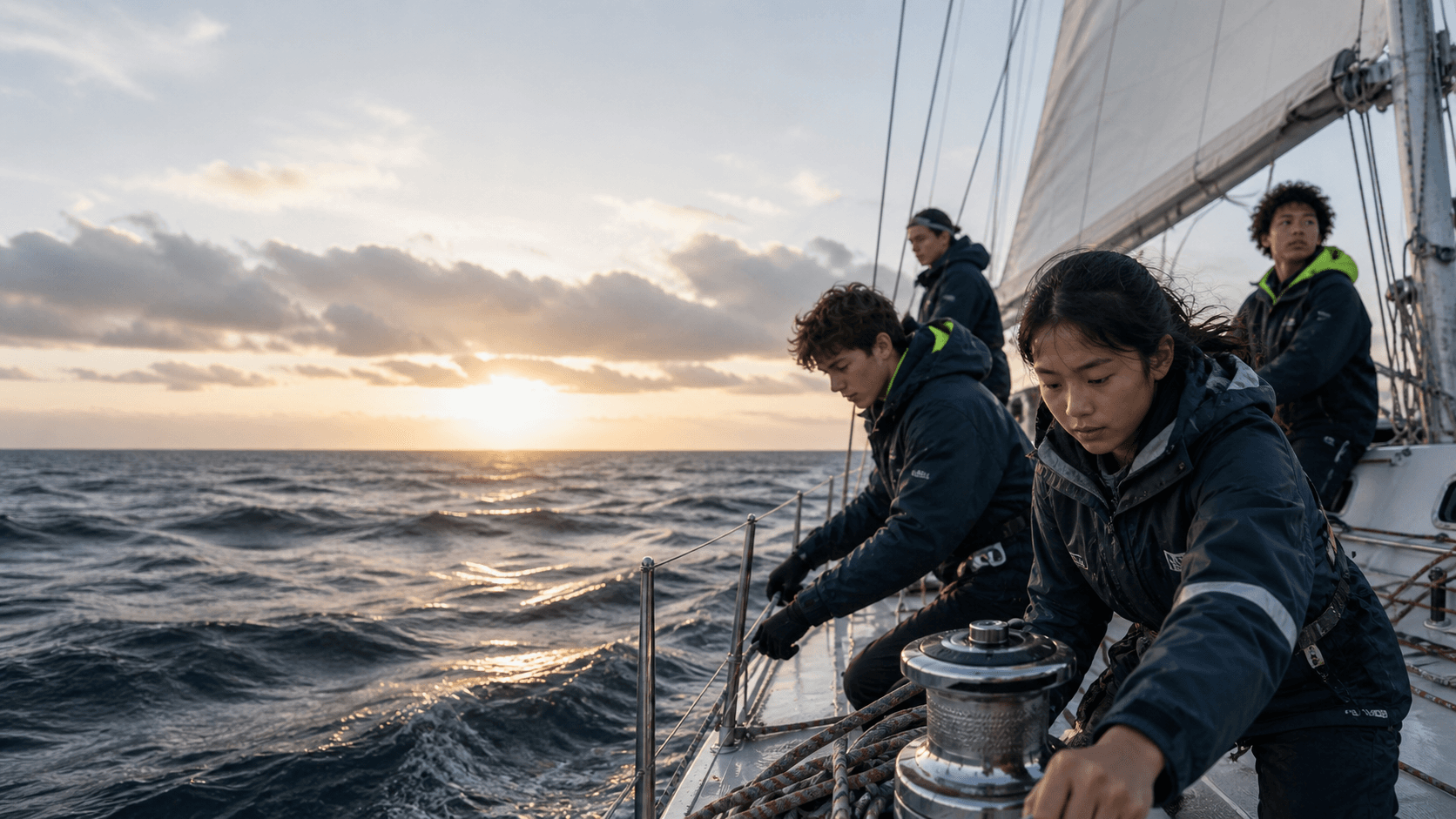 A sailing crew looking toward the horizon on an open-water journey.