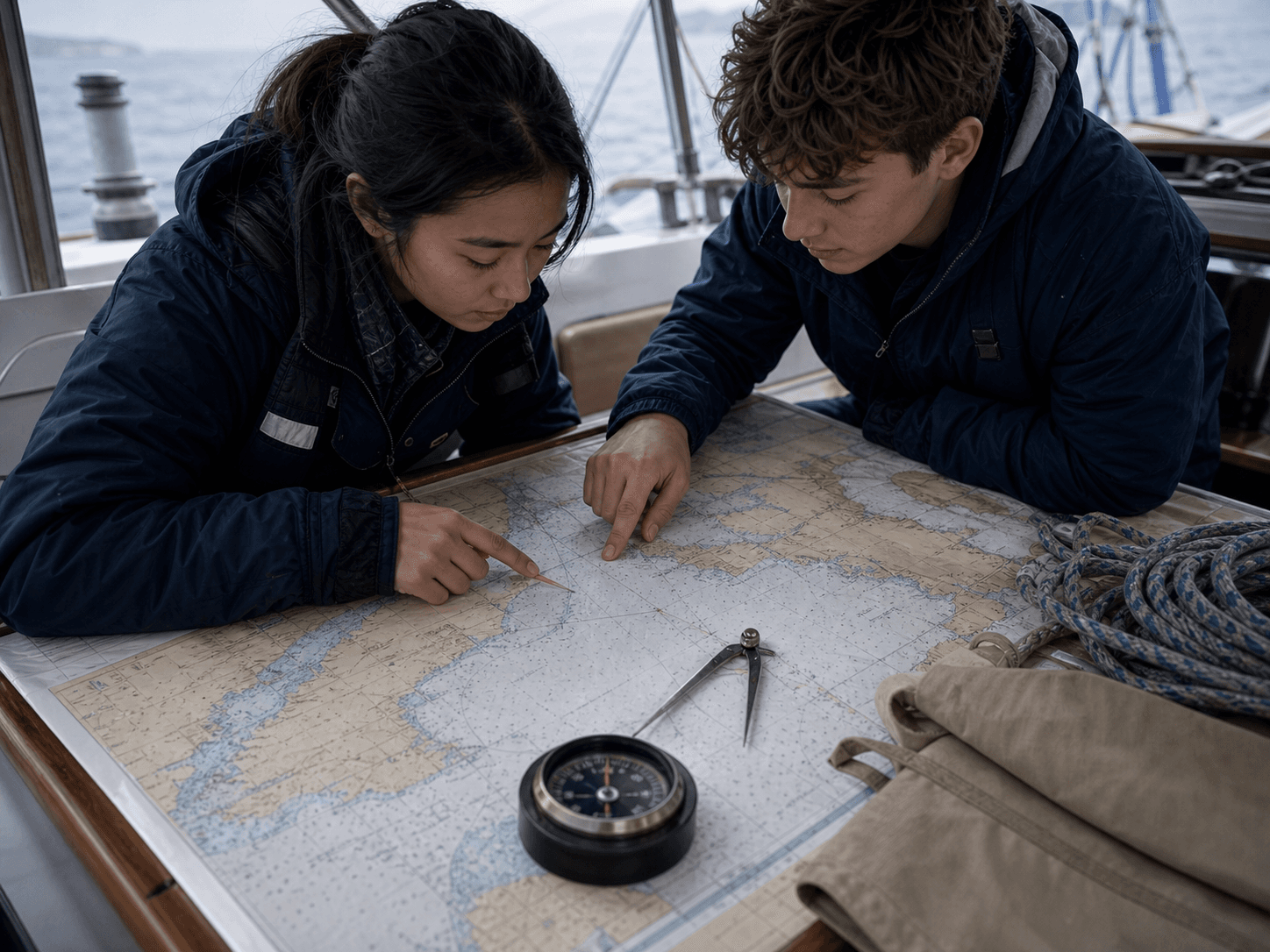 A crew gathered over a maritime chart while planning their direction.